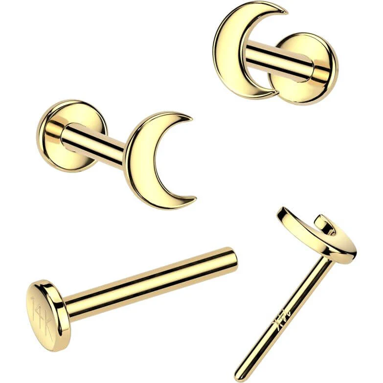 Złoto 585 labret kolczyk do nosa księżyc płaski push-in - Image 4