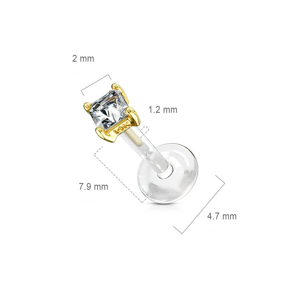 Złoto 585 labret kwadratowa cyrkonia w łapkach push-in - Image 2