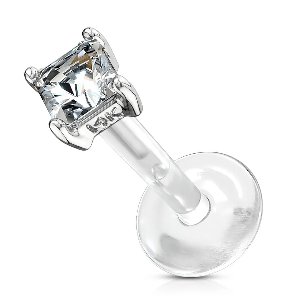 Złoto 585 labret kwadratowa cyrkonia w łapkach push-in - Image 5
