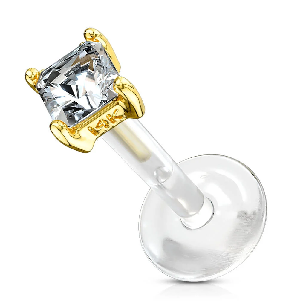 Złoto 585 labret kwadratowa cyrkonia w łapkach push-in - Image 6