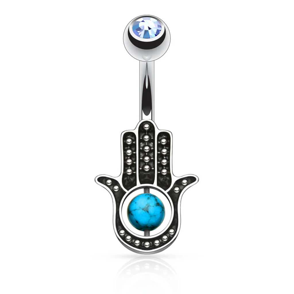 Kolczyk do pępka hamsa turkusowa cyrkonia - Image 3