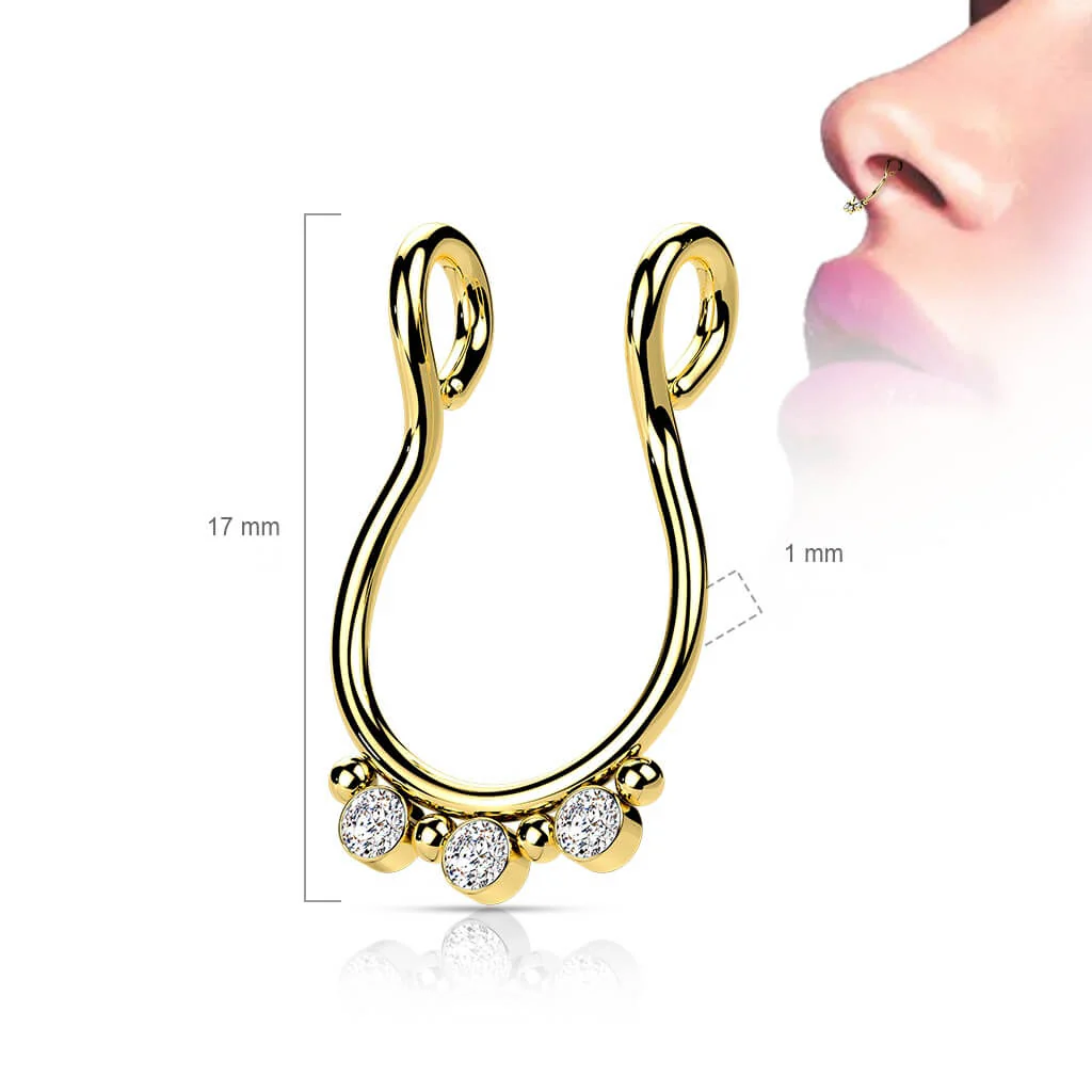 Fake piercing do nosa septum 3 cyrkonie płaski kolczyk rozginany - Image 2