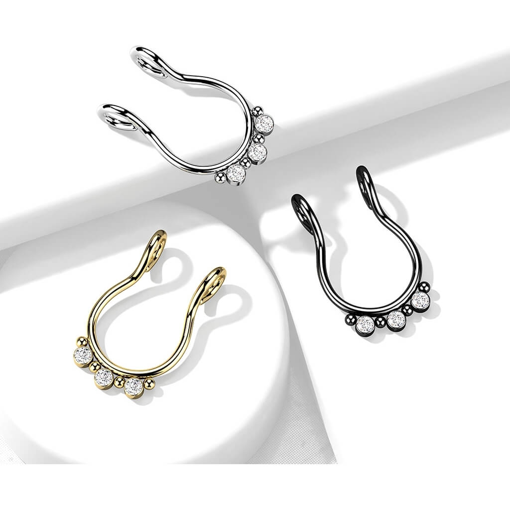Fake piercing do nosa septum 3 cyrkonie płaski kolczyk rozginany - Image 4