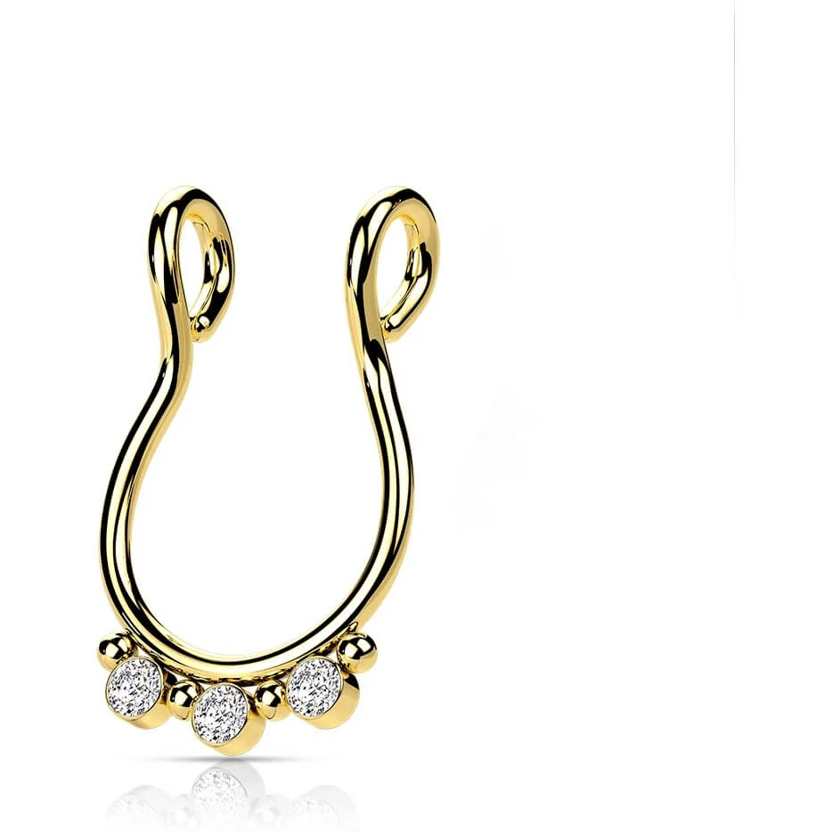 Fake piercing do nosa septum 3 cyrkonie płaski kolczyk rozginany - Image 6