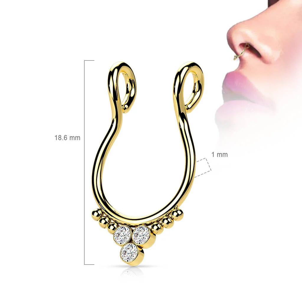 Fake piercing do nosa septum trójkąt 3 cyrkonie płaski kolczyk rozginany - Image 2