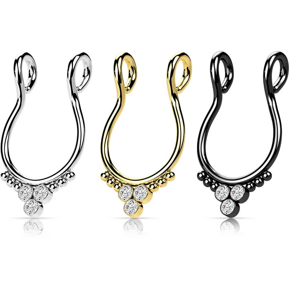 Fake piercing do nosa septum trójkąt 3 cyrkonie płaski kolczyk rozginany - Image 3