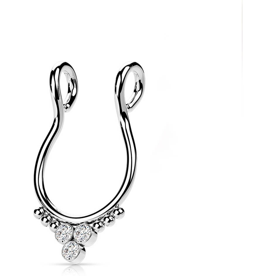Fake piercing do nosa septum trójkąt 3 cyrkonie płaski kolczyk rozginany - Image 5
