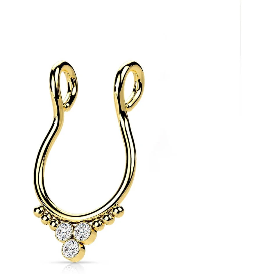 Fake piercing do nosa septum trójkąt 3 cyrkonie płaski kolczyk rozginany - Image 6