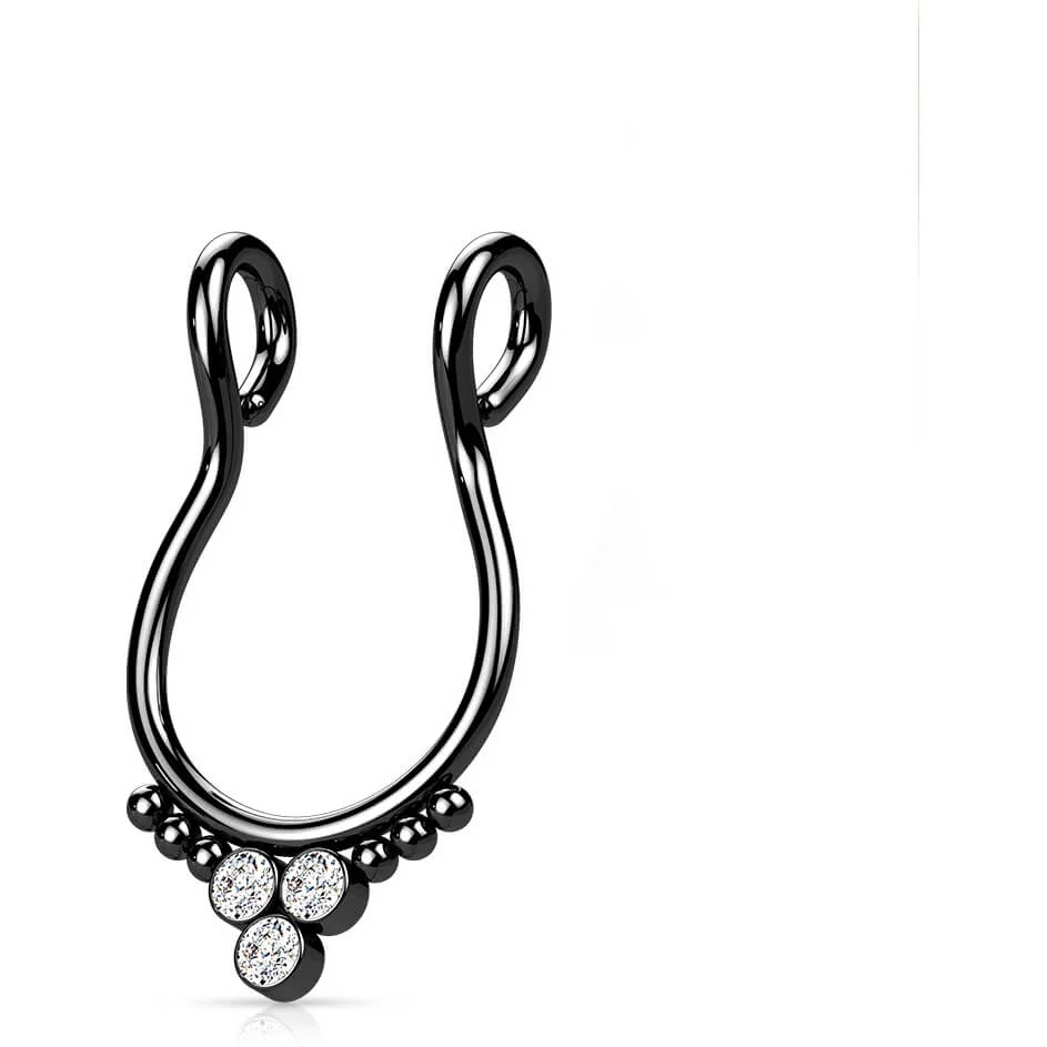 Fake piercing do nosa septum trójkąt 3 cyrkonie płaski kolczyk rozginany - Image 7