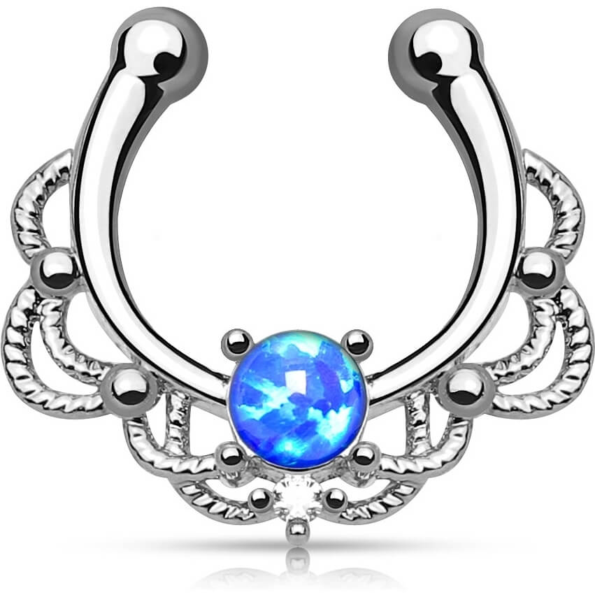 Fake piercing do nosa septum opal okrągły srebrny kolczyk rozginany - Image 2