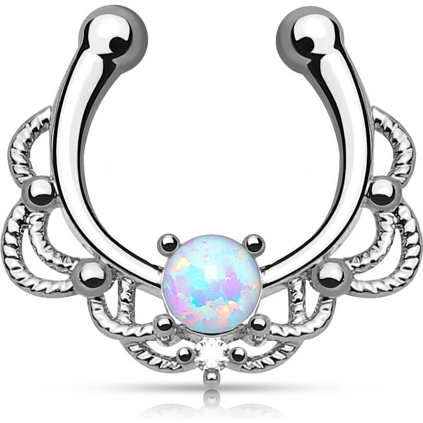 Fake piercing do nosa septum opal okrągły srebrny kolczyk rozginany - Image 3