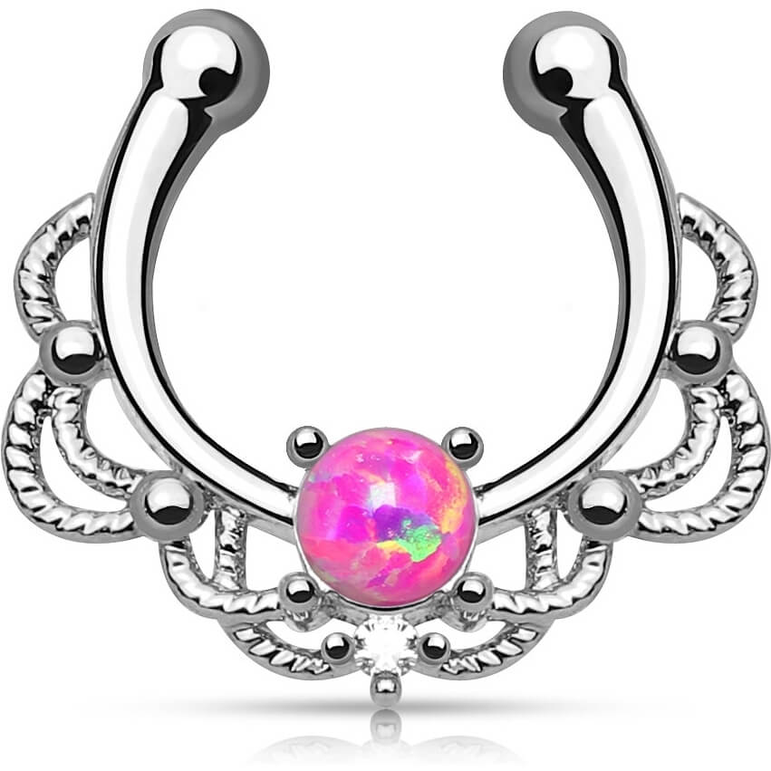 Fake piercing do nosa septum opal okrągły srebrny kolczyk rozginany - Image 4