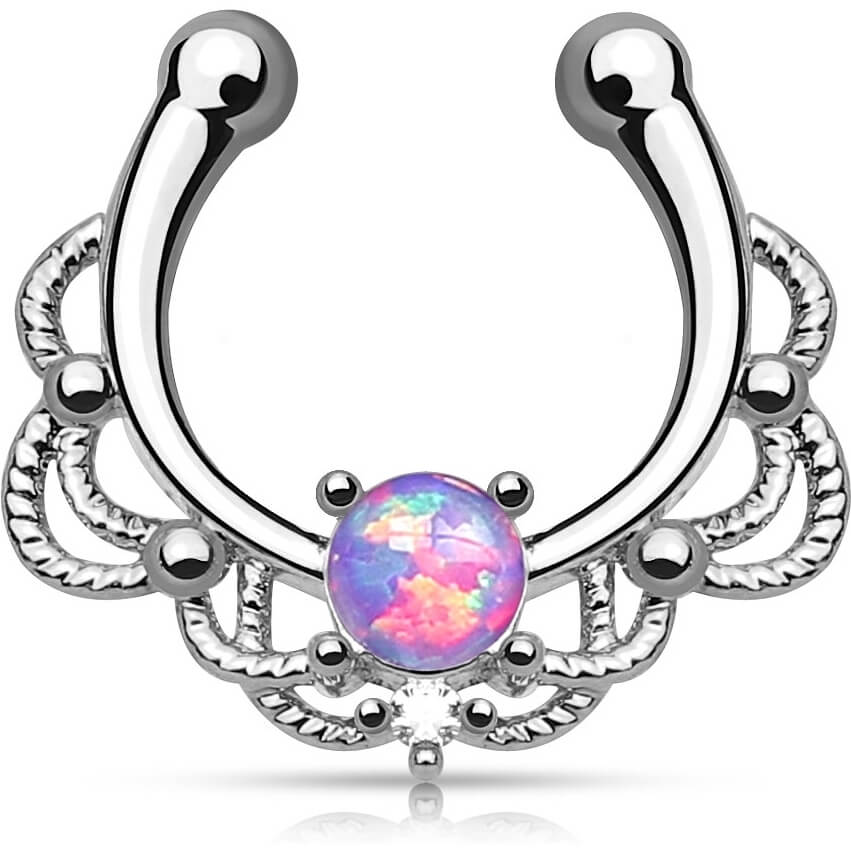 Fake piercing do nosa septum opal okrągły srebrny kolczyk rozginany - Image 5
