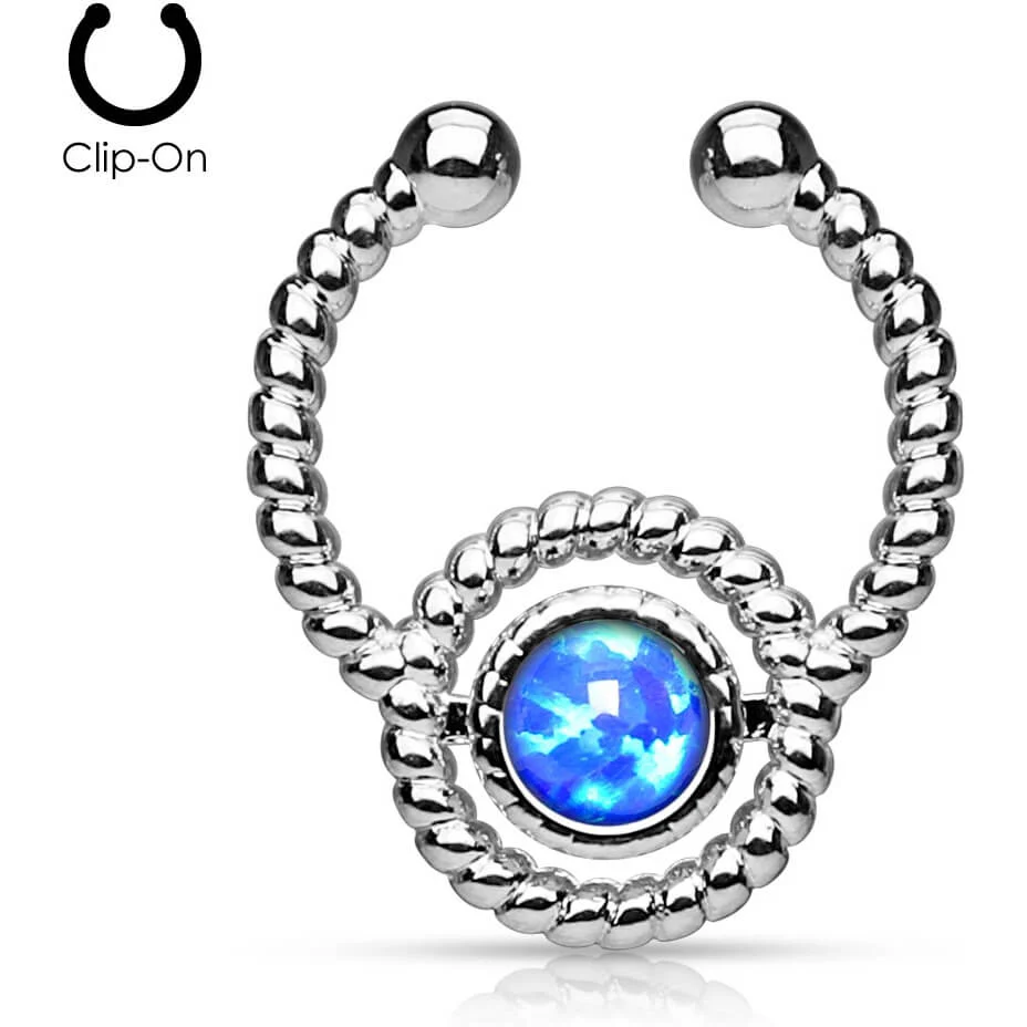Fake piercing do nosa septum opal okrągły srebrny kolczyk rozginany - Image 2