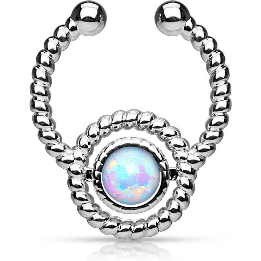 Fake piercing do nosa septum opal okrągły srebrny kolczyk rozginany - Image 3