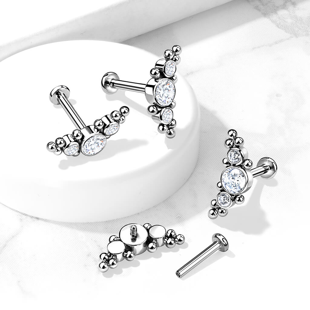 Tytan labret 3 cyrkonie płaski srebrny gwint wewnętrzny - Image 4